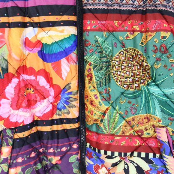 Farm Rio Puffer Jacket NEW Women Colorful Mix Scarves Coat Small Quilted - Picture 2 of 10